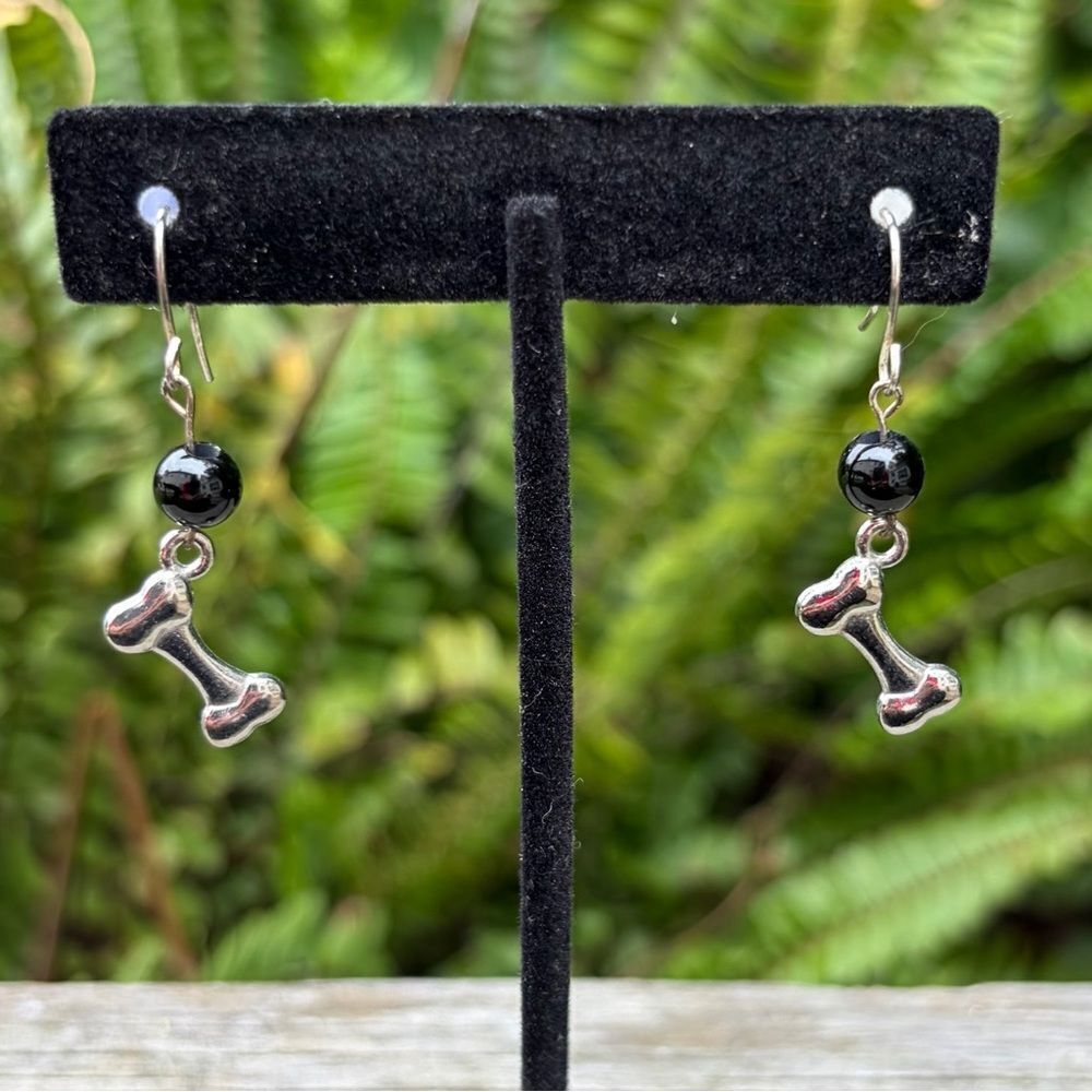 Silver Toned Dog Bone French Wire Earrings with Black Beads New Puppy